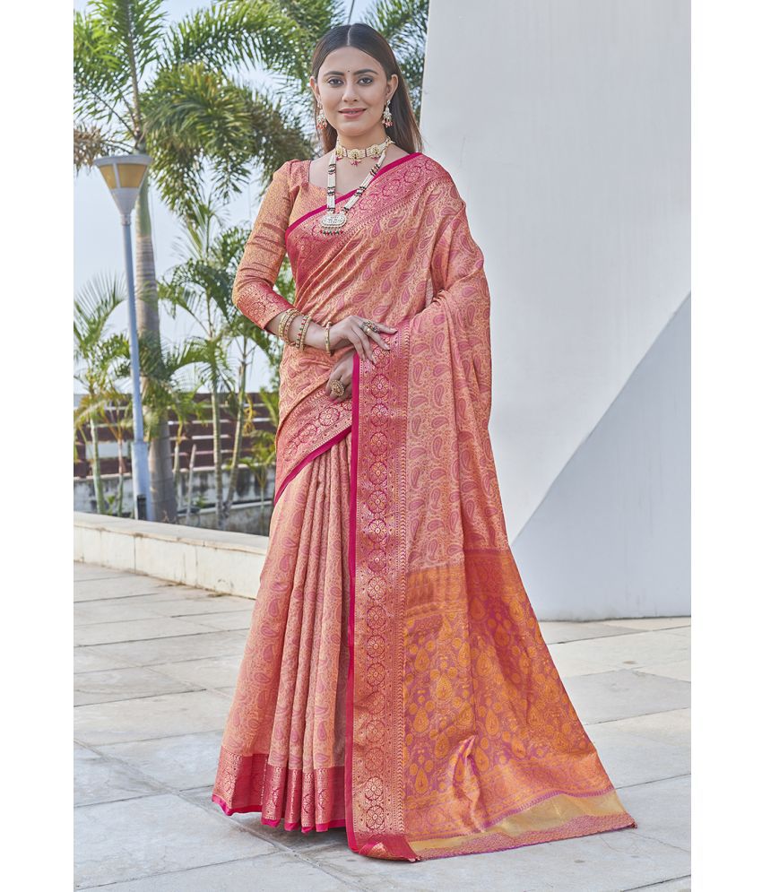     			ELITE WEAVES Silk Blend Woven Saree With Blouse Piece - Peach ( Pack of 1 )