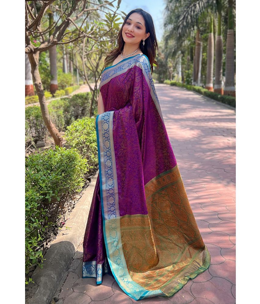     			ELITE WEAVES Silk Blend Woven Saree With Blouse Piece - Purple ( Pack of 1 )