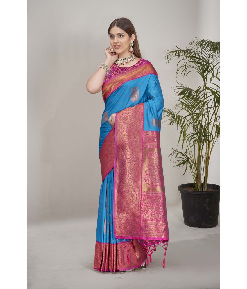     			ELITE WEAVES Silk Woven Saree With Blouse Piece - Blue ( Pack of 1 )