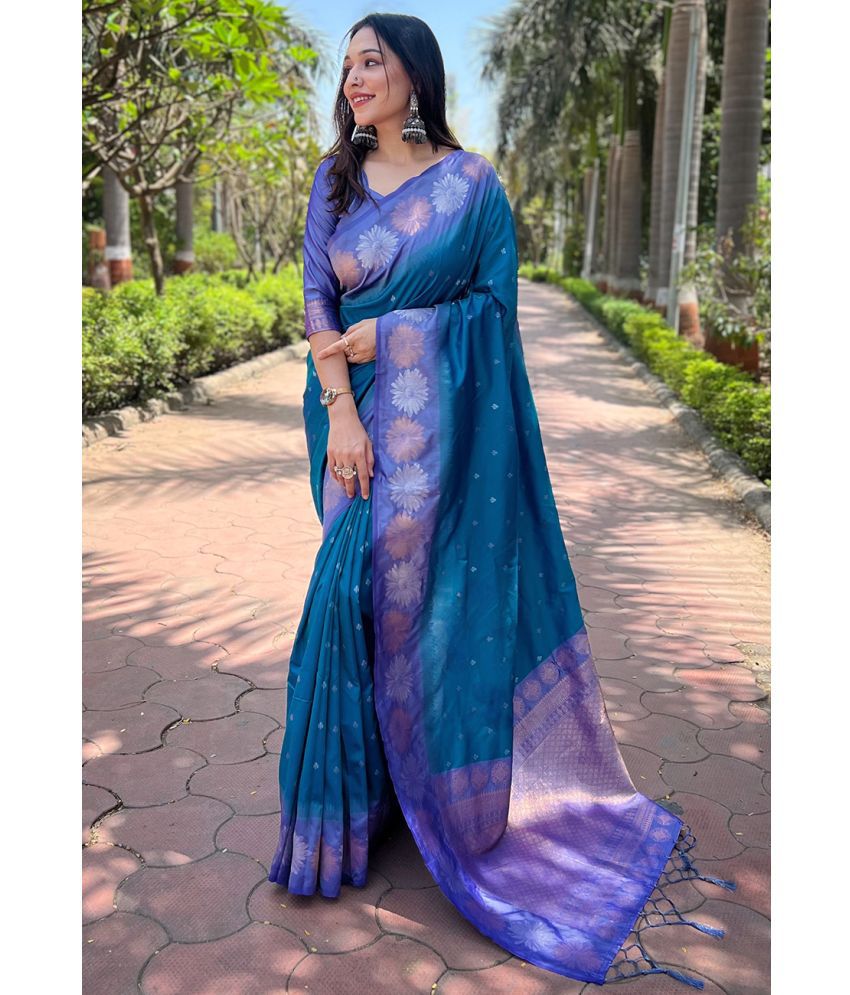     			ELITE WEAVES Silk Woven Saree With Blouse Piece - Blue ( Pack of 1 )