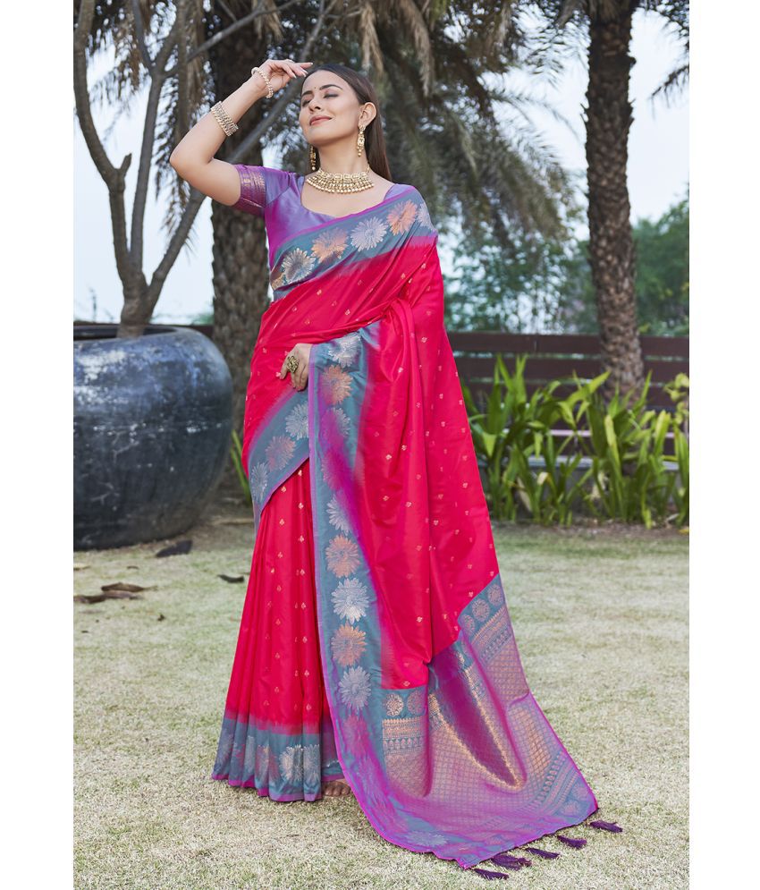     			ELITE WEAVES Silk Woven Saree With Blouse Piece - Pink ( Pack of 1 )