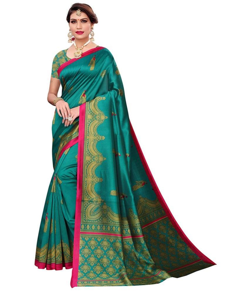     			Grubstaker Art Silk Printed Saree With Blouse Piece - Green ( Pack of 1 )