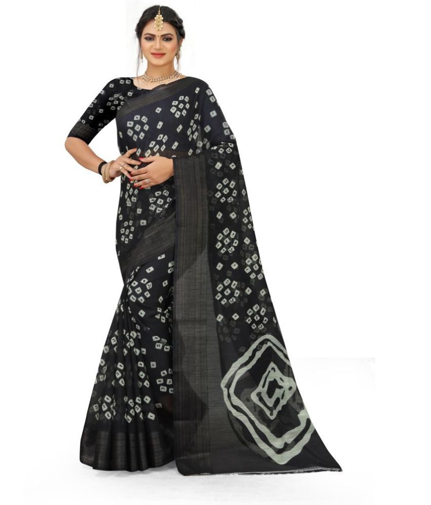     			Grustaker Cotton Printed Saree With Blouse Piece - Black ( Pack of 1 )