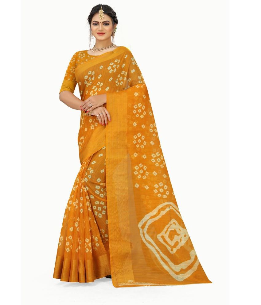     			Grustaker Cotton Printed Saree With Blouse Piece - Yellow ( Pack of 1 )