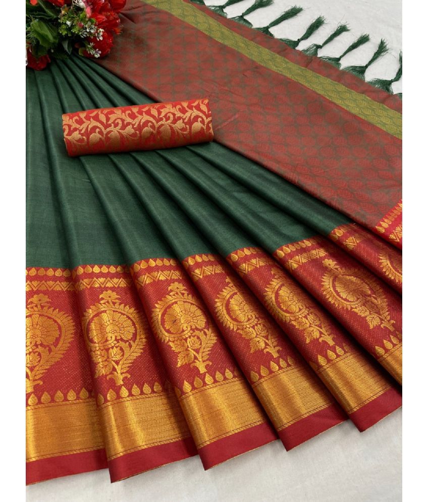     			JULEE Banarasi Silk Embellished Saree With Blouse Piece - Olive ( Pack of 1 )