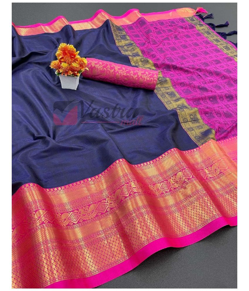    			JULEE Cotton Silk Embellished Saree With Blouse Piece - Navy Blue ( Pack of 1 )