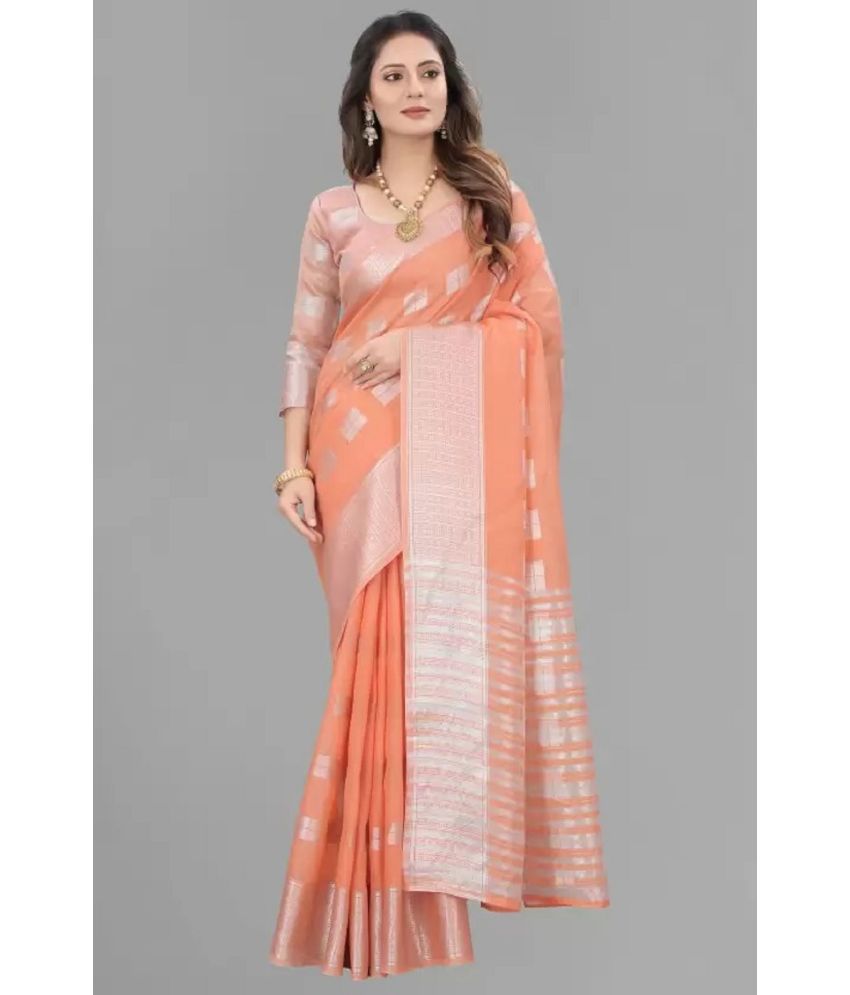     			JULEE Jacquard Embellished Saree With Blouse Piece - Peach ( Pack of 1 )