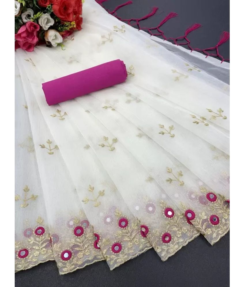     			JULEE Net Embellished Saree With Blouse Piece - White ( Pack of 1 )