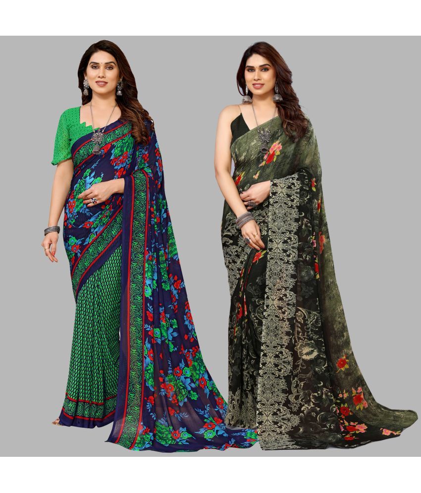     			Kashvi Sarees Georgette Printed Saree With Blouse Piece - Multicolor ( Pack of 2 )