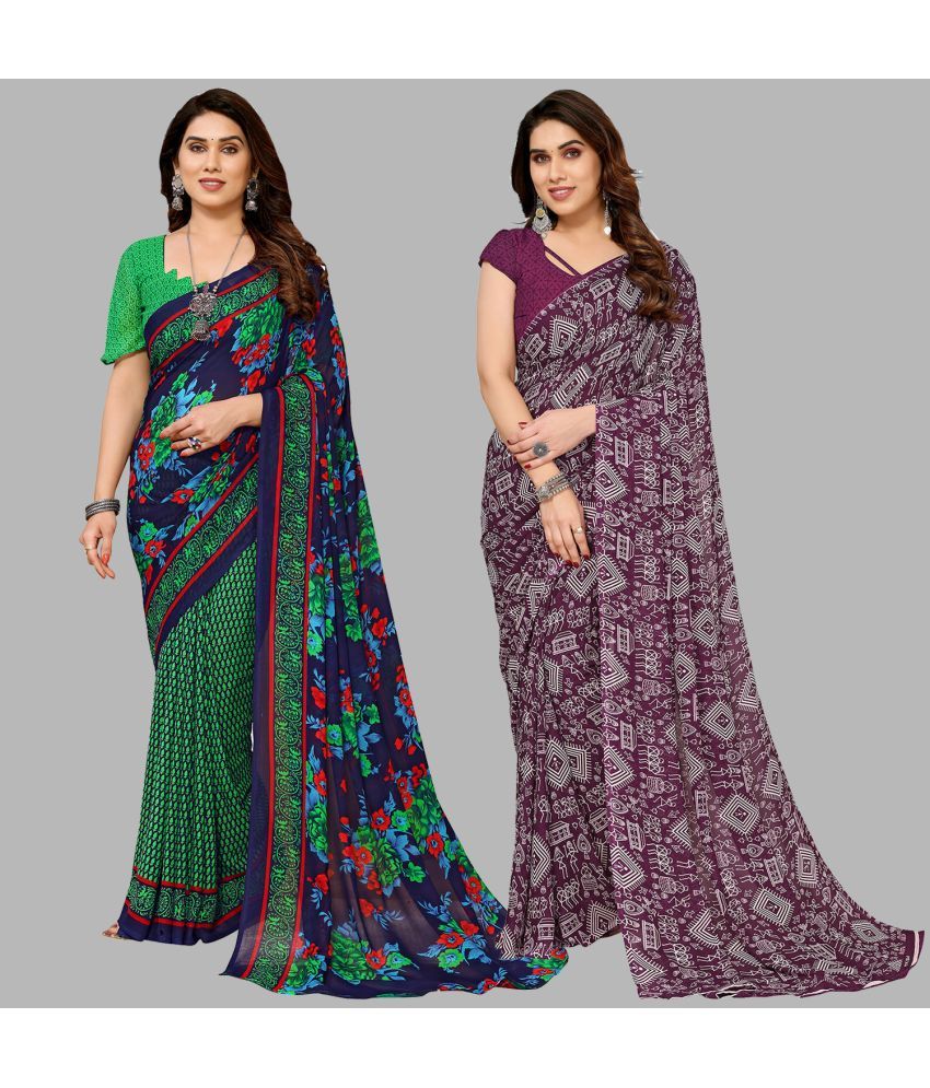     			Kashvi Sarees Georgette Printed Saree With Blouse Piece - Multicolor ( Pack of 2 )