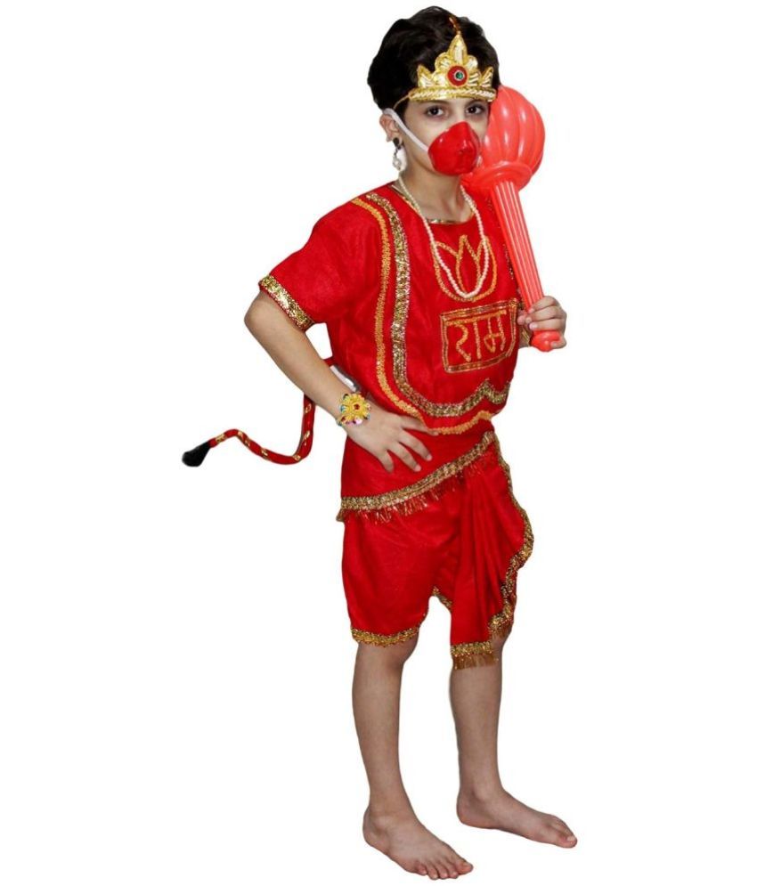     			Lord Hanuman Costume For Boys, Bajrang Bali Dress With Gada & Jewelry, 3-4 Yrs