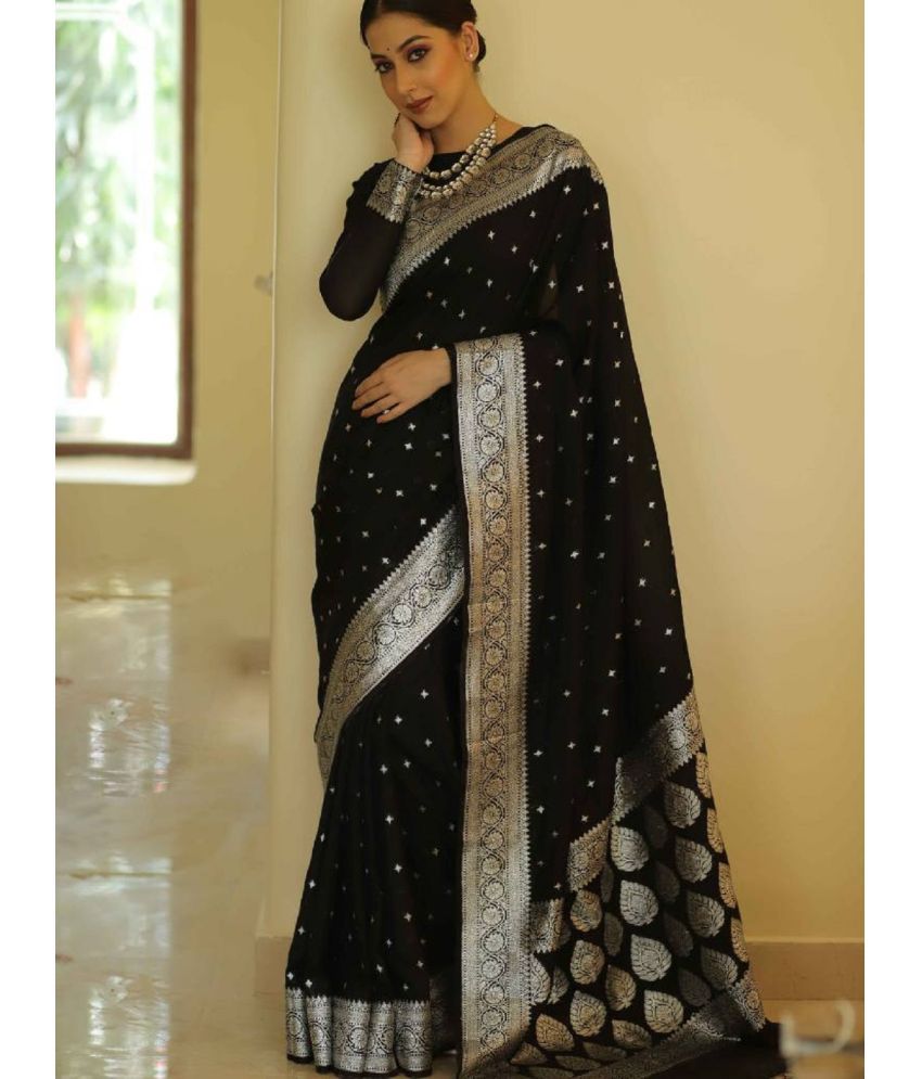     			A TO Z CART Banarasi Silk Embellished Saree With Blouse Piece - Black ( Pack of 1 )