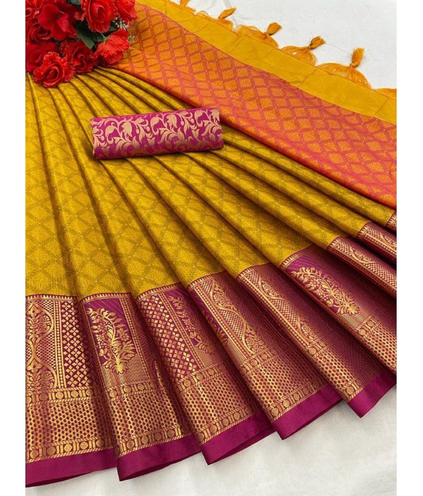     			A TO Z CART Cotton Silk Embellished Saree With Blouse Piece - Yellow ( Pack of 1 )