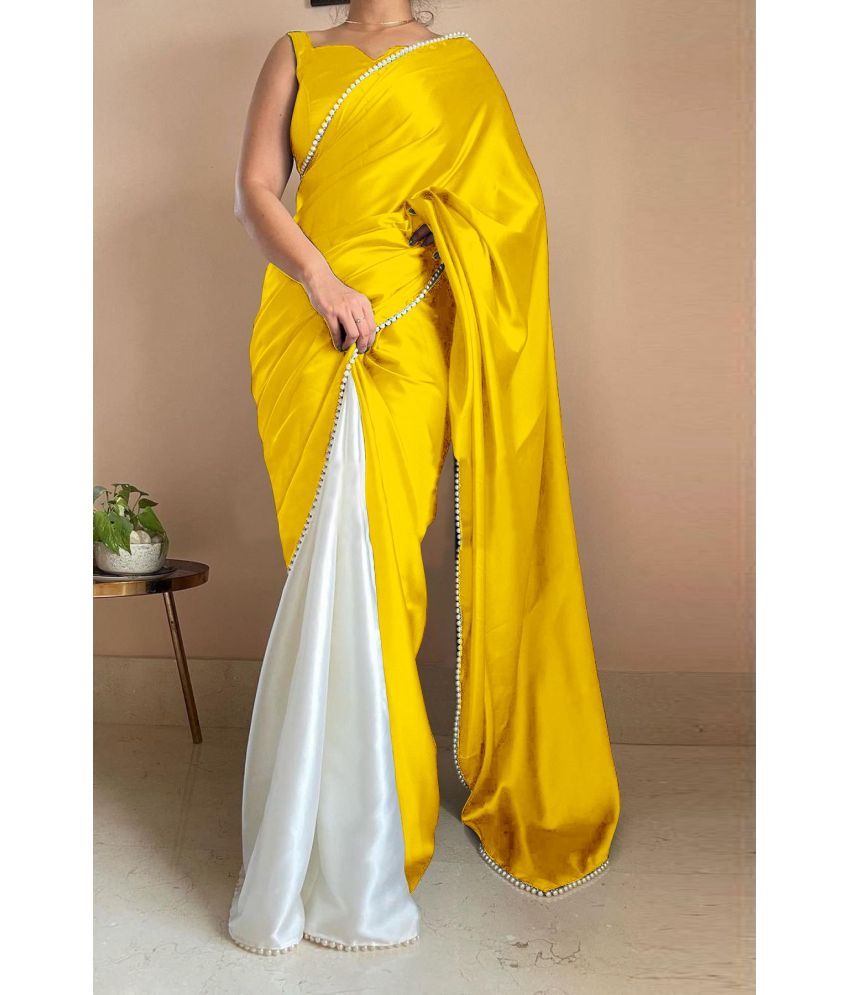     			A TO Z CART Satin Embellished Saree With Blouse Piece - Yellow ( Pack of 1 )