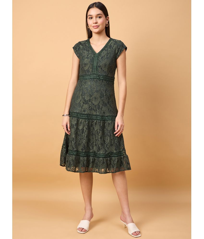     			DRAPE AND DAZZLE Polyester Self Design Knee Length Women's A-line Dress - Green ( Pack of 1 )
