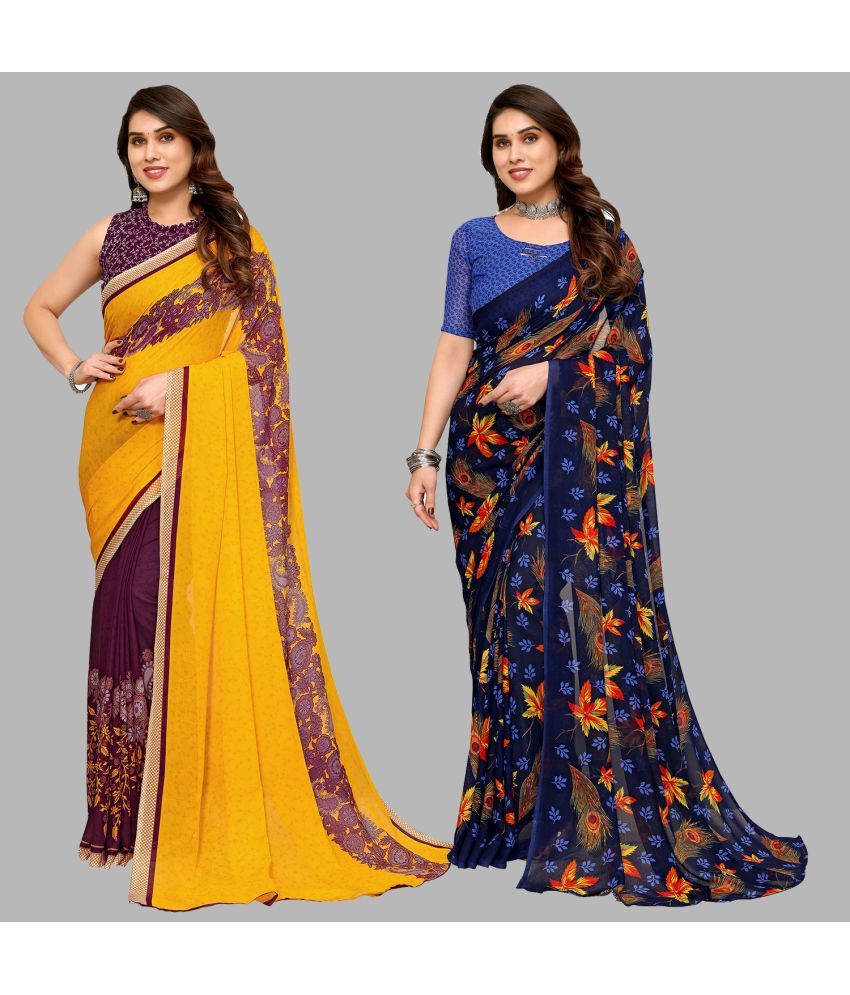     			Kashvi Sarees Georgette Printed Saree With Blouse Piece - Multicolor ( Pack of 2 )