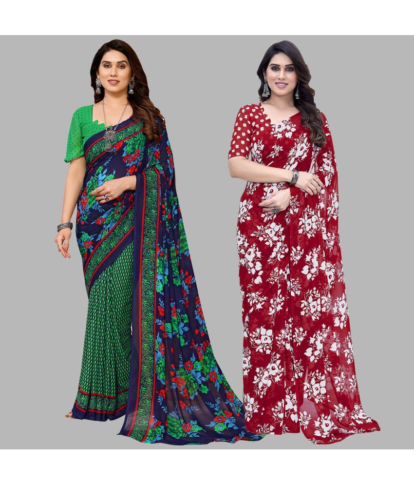     			Kashvi Sarees Georgette Printed Saree With Blouse Piece - Multicolor ( Pack of 2 )