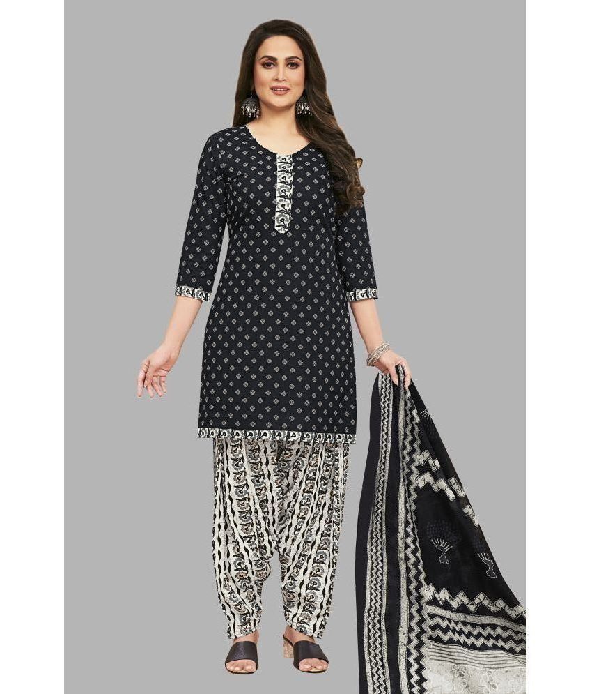     			SIMMU Cotton Printed Kurti With Patiala Women's Stitched Salwar Suit - Black ( Pack of 1 )