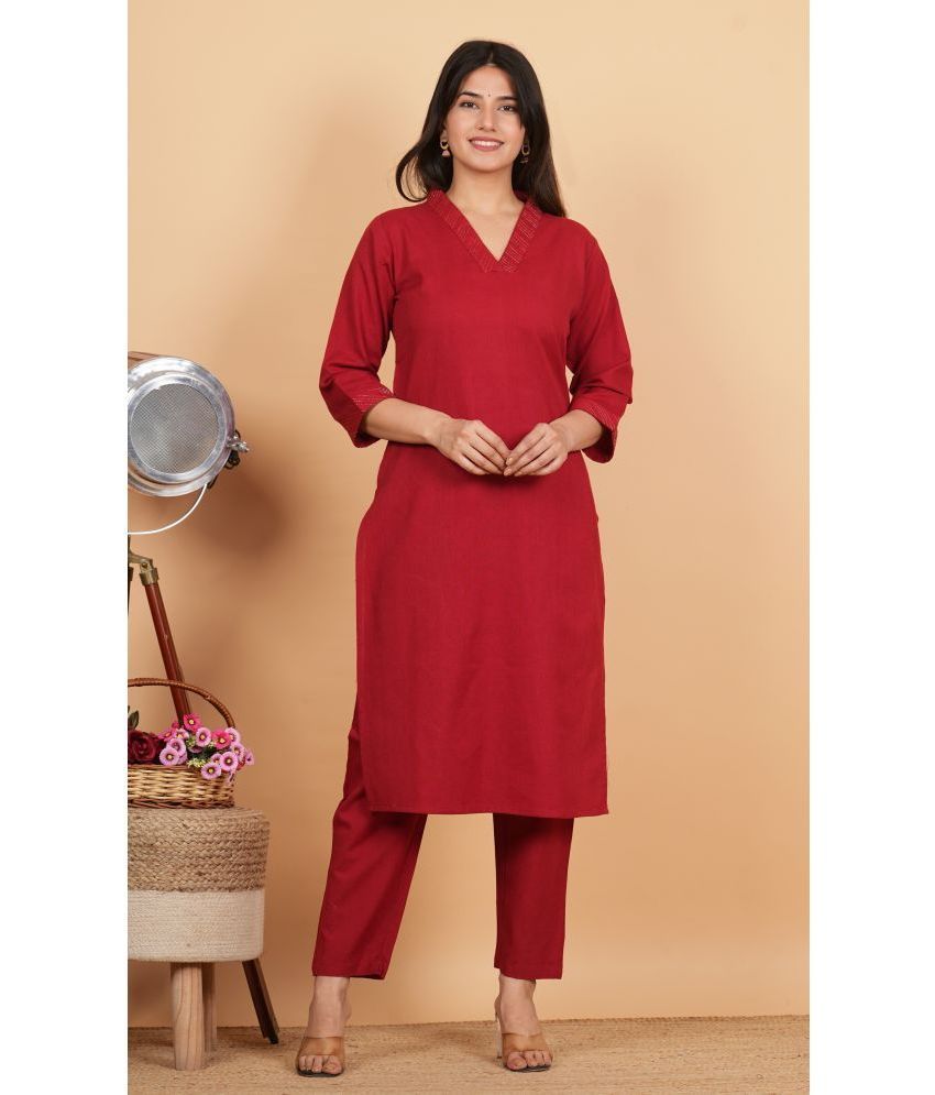     			Vbuyz Cotton Blend Solid Kurti With Pants Women's Stitched Salwar Suit - Maroon ( Pack of 1 )