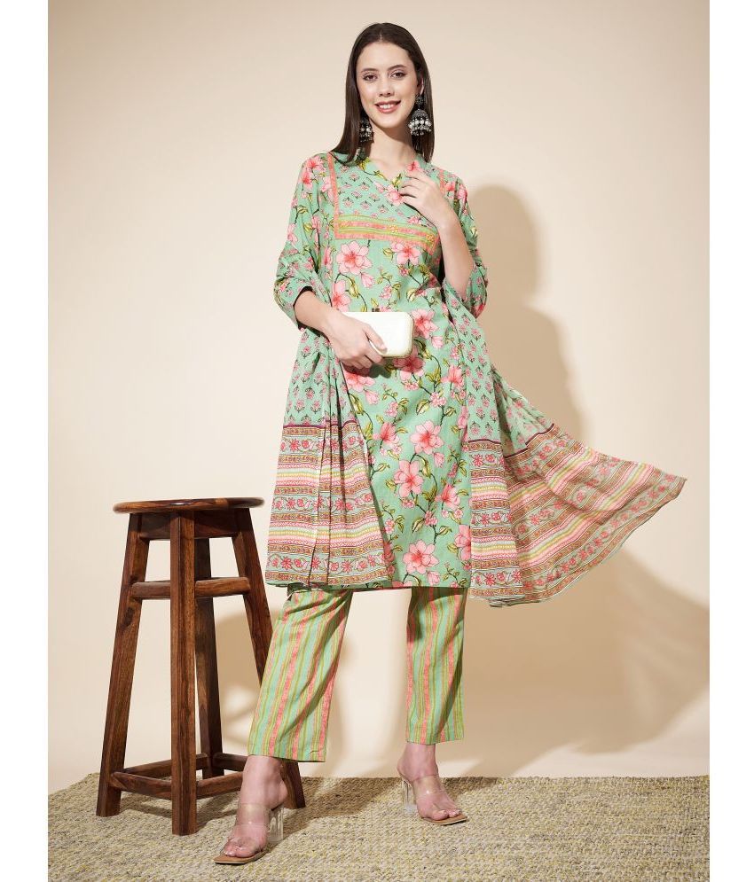     			Vbuyz Cotton Printed Kurti With Pants Women's Stitched Salwar Suit - Green ( Pack of 1 )