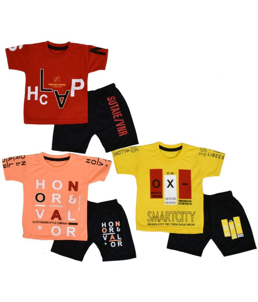     			DIAMOND EXPORTER Multicolor Satin Baby Boy T-Shirt & Shorts ( Pack of 3 )