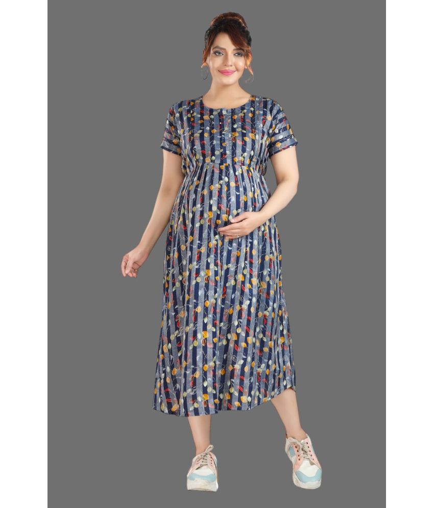     			EASYMOM Blue Cotton Blend Women's Maternity Dress ( Pack of 1 )