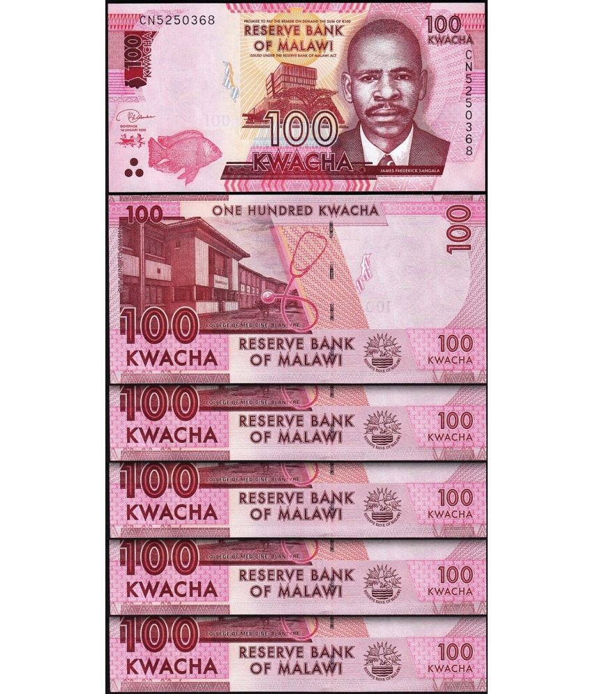     			Malawi 100 Kwaca Serial 5 Notes in Top Grade Gem UNC