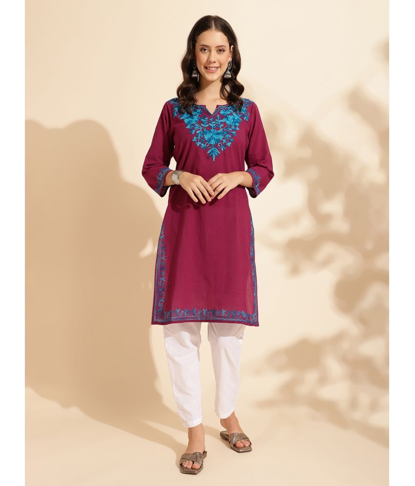     			Queenley Cotton Embroidered A-line Women's Kurti - Wine ( Pack of 1 )