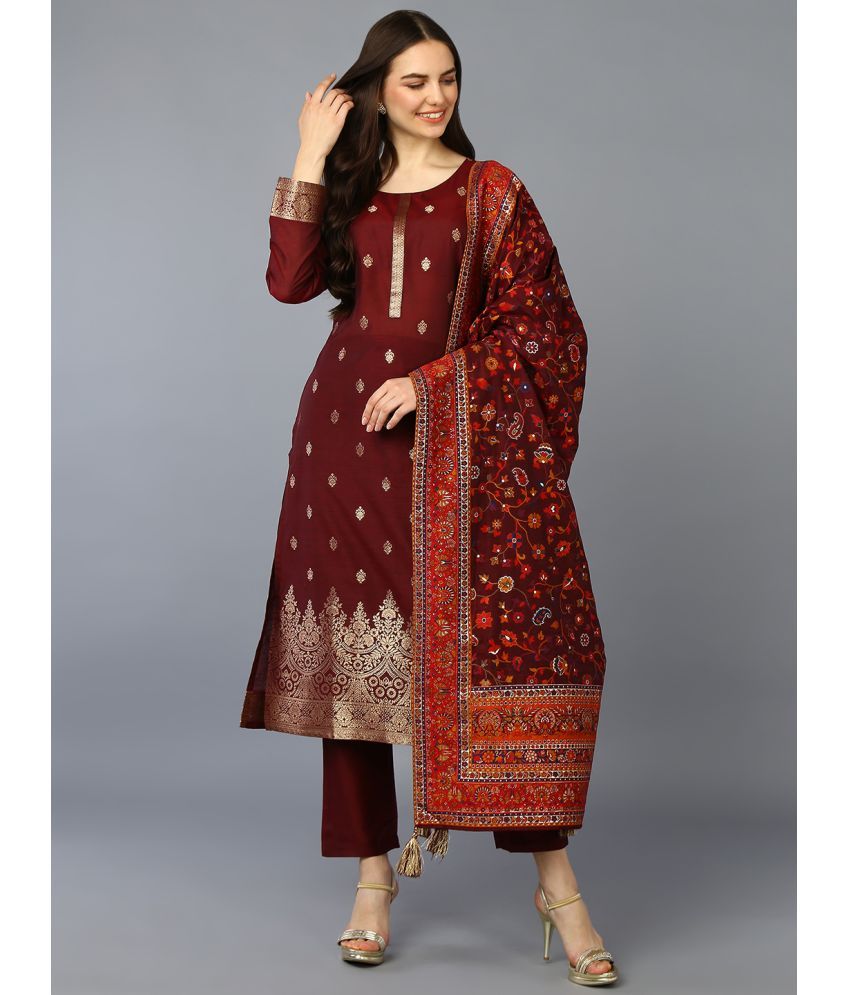     			Vaamsi Chanderi Embellished Kurti With Pants Women's Stitched Salwar Suit - Maroon ( Pack of 1 )