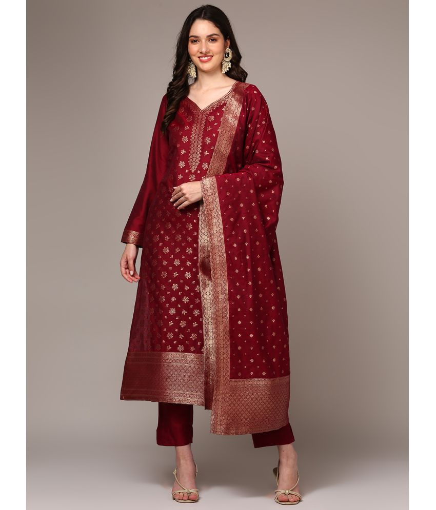     			Vaamsi Chanderi Self Design Kurti With Pants Women's Stitched Salwar Suit - Red ( Pack of 1 )