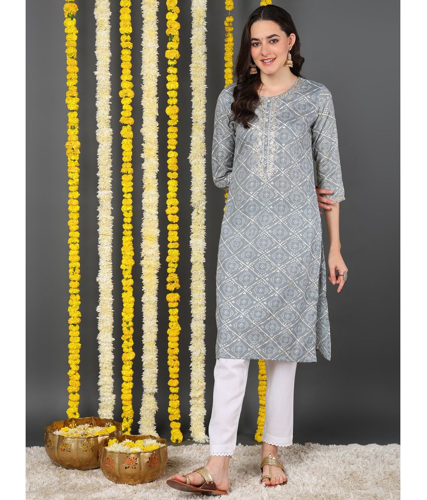     			Vaamsi Cotton Blend Embroidered Straight Women's Kurti - Grey ( Pack of 1 )