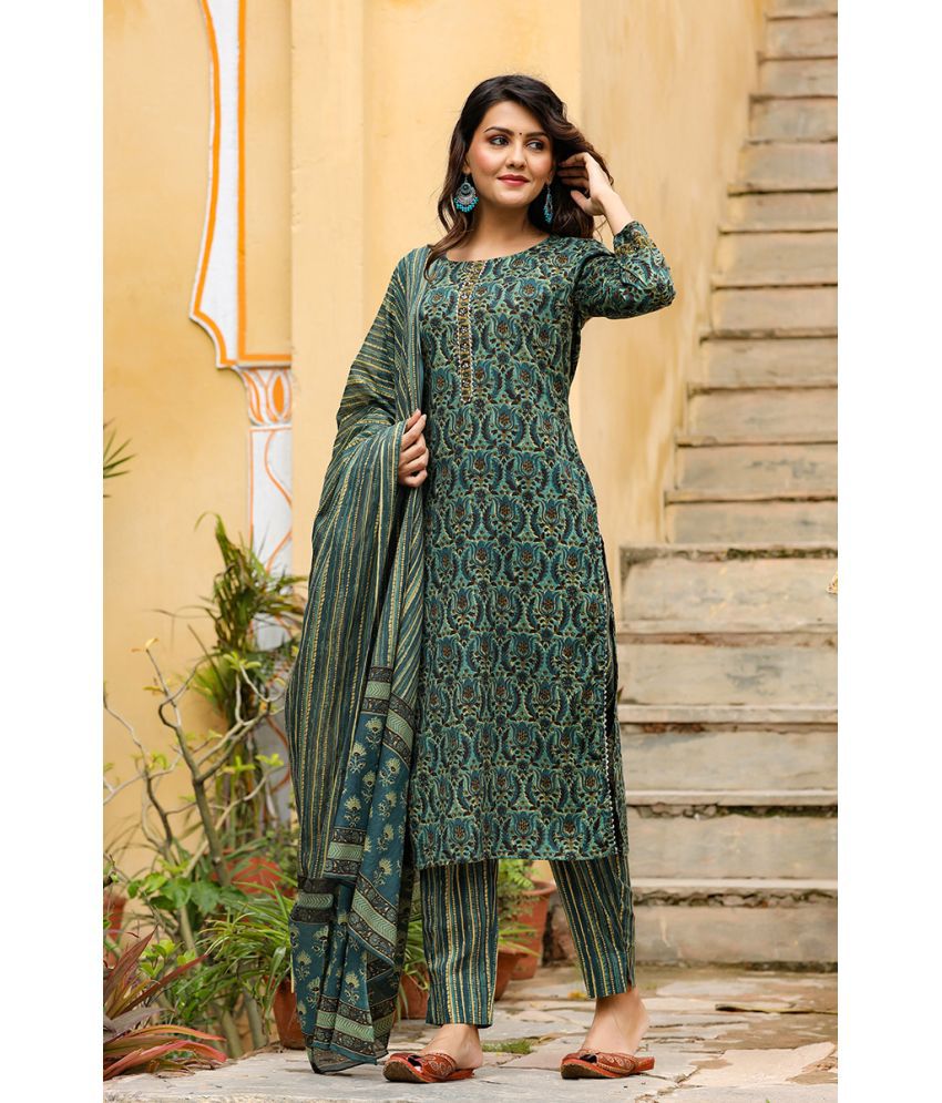     			Vaamsi Cotton Blend Printed Kurti With Pants Women's Stitched Salwar Suit - Green ( Pack of 1 )