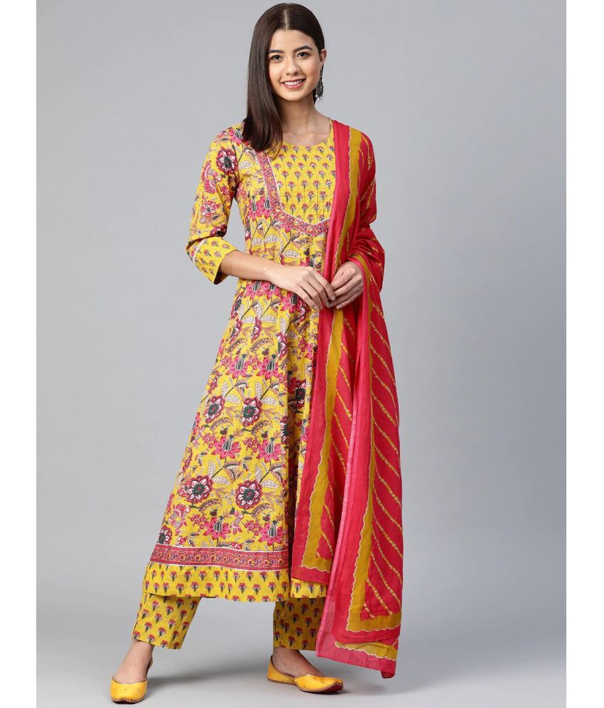     			Vaamsi Cotton Blend Printed Kurti With Pants Women's Stitched Salwar Suit - Yellow ( Pack of 1 )