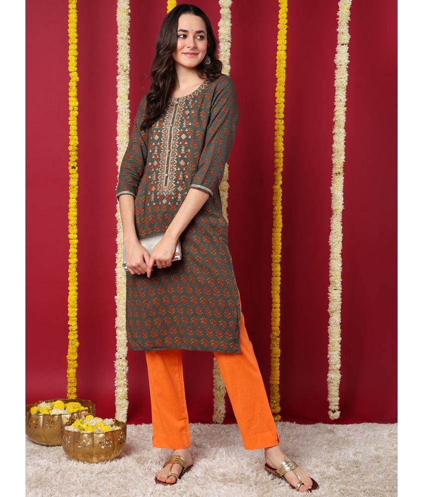     			Vaamsi Cotton Blend Printed Straight Women's Kurti - Olive ( Pack of 1 )