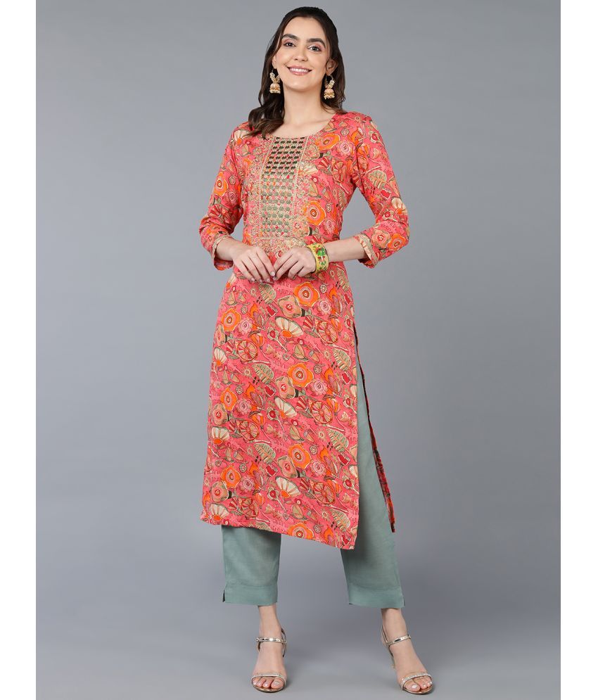     			Vaamsi Cotton Blend Printed Straight Women's Kurti - Peach ( Pack of 1 )