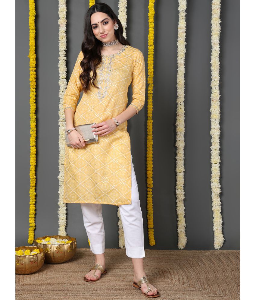     			Vaamsi Cotton Blend Printed Straight Women's Kurti - Yellow ( Pack of 1 )