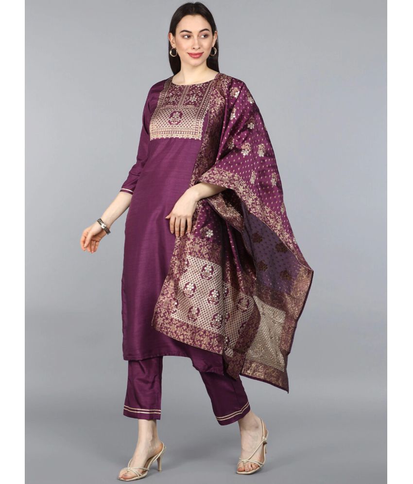    			Vaamsi Silk Blend Embellished Kurti With Pants Women's Stitched Salwar Suit - Purple ( Pack of 1 )