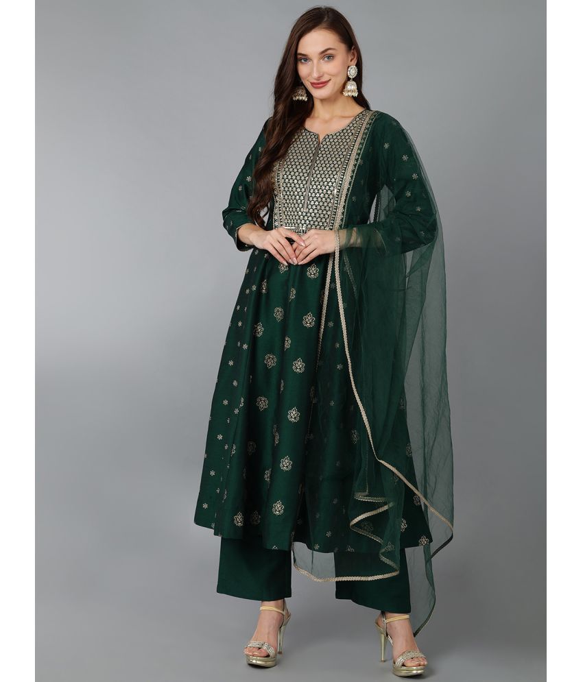     			Vaamsi Silk Blend Embellished Kurti With Palazzo Women's Stitched Salwar Suit - Green ( Pack of 1 )