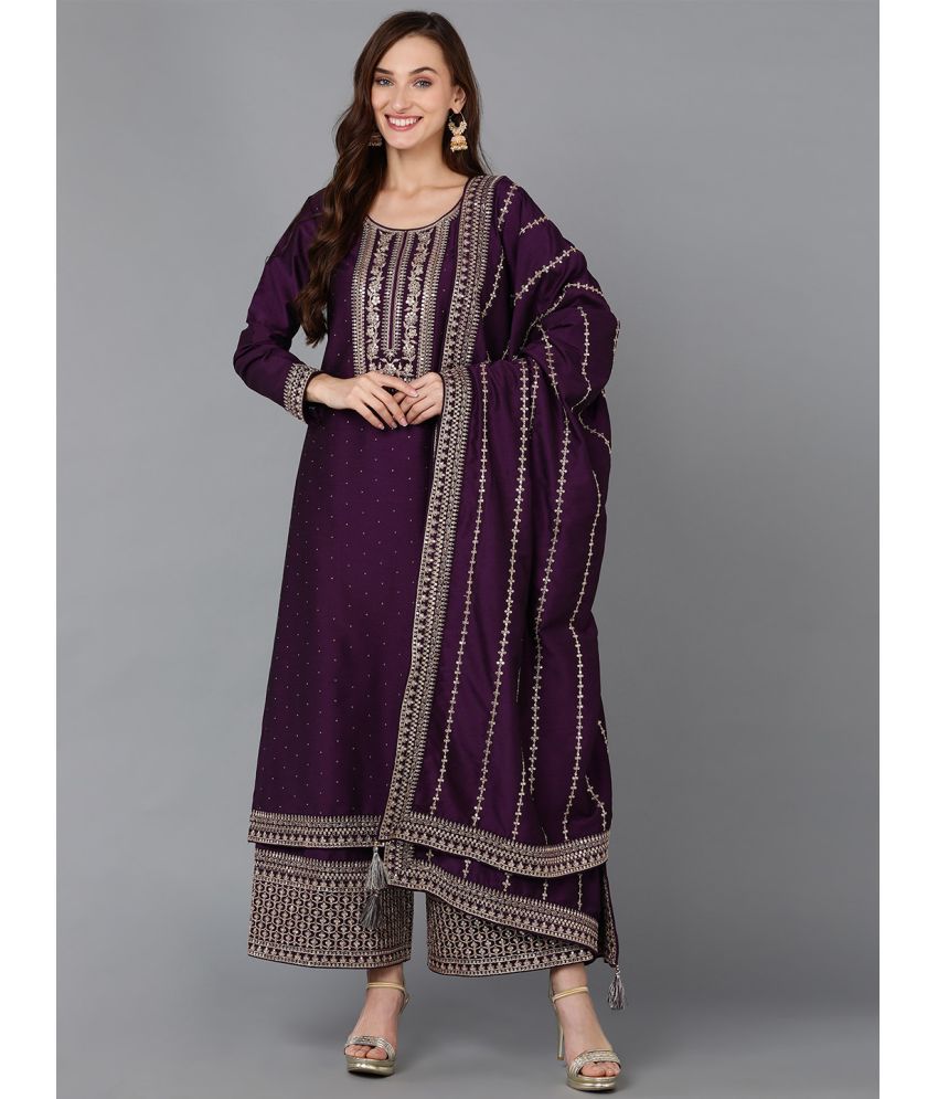     			Vaamsi Silk Blend Embroidered Kurti With Palazzo Women's Stitched Salwar Suit - Purple ( Pack of 1 )