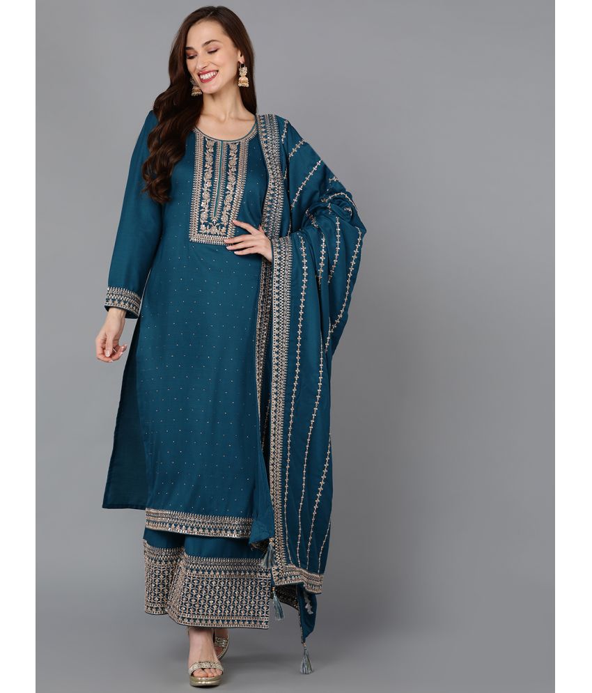     			Vaamsi Silk Blend Embroidered Kurti With Palazzo Women's Stitched Salwar Suit - Teal ( Pack of 1 )