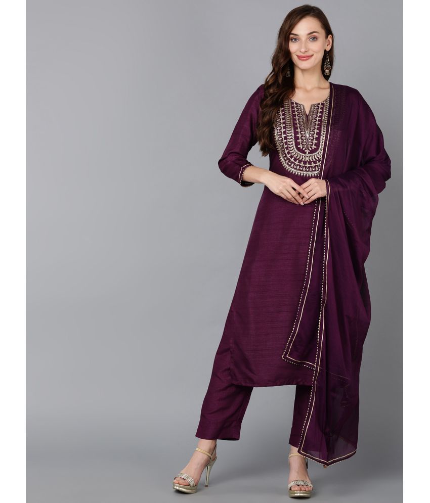     			Vaamsi Silk Blend Embroidered Kurti With Pants Women's Stitched Salwar Suit - Purple ( Pack of 1 )