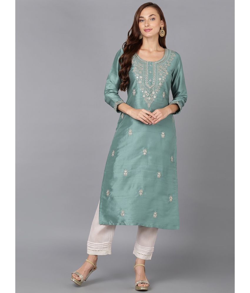     			Vaamsi Silk Blend Embroidered Straight Women's Kurti - Sea Green ( Pack of 1 )