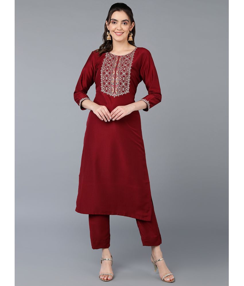     			Vaamsi Silk Blend Embroidered Straight Women's Kurti - Maroon ( Pack of 1 )