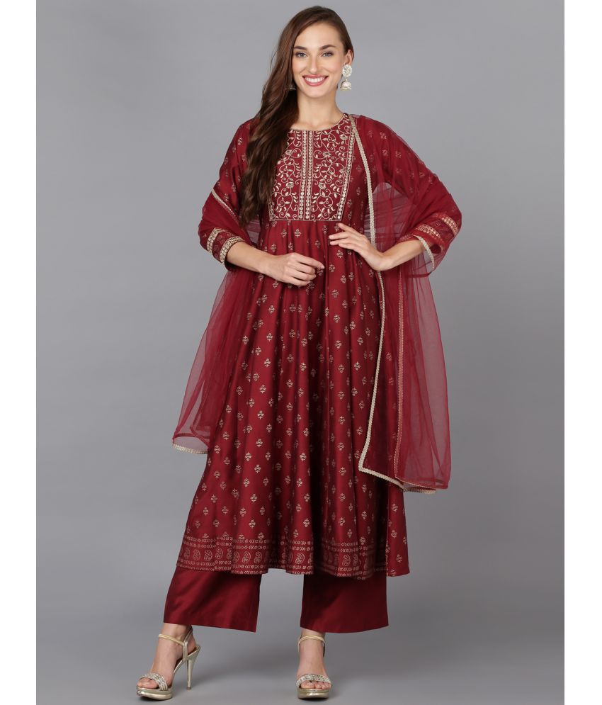     			Vaamsi Silk Blend Printed Kurti With Palazzo Women's Stitched Salwar Suit - Maroon ( Pack of 1 )