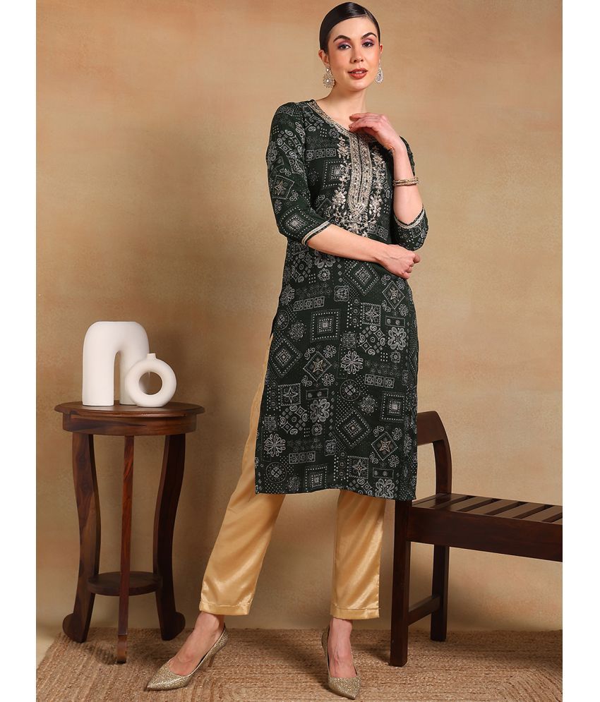     			Vaamsi Silk Blend Printed Straight Women's Kurti - Green ( Pack of 1 )