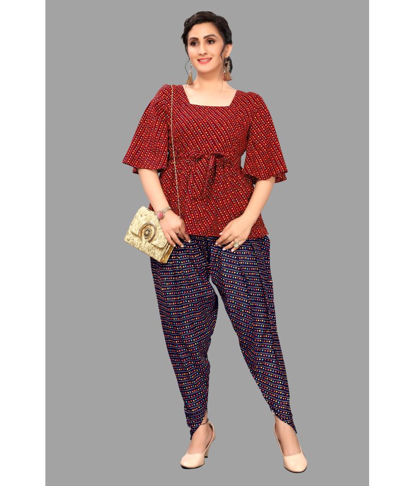     			gufrina Rayon Printed Kurti With Dhoti Pants Women's Stitched Salwar Suit - Maroon ( Pack of 1 )