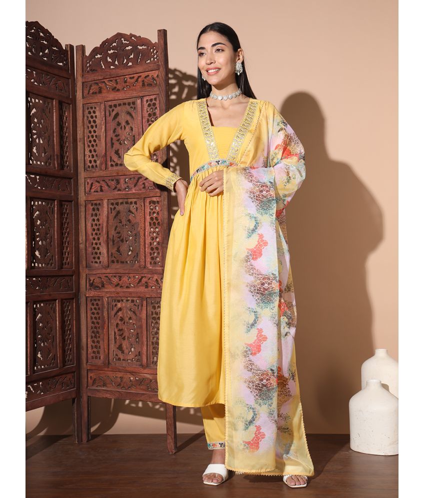     			gufrina Silk Blend Embroidered Kurti With Pants Women's Stitched Salwar Suit - Yellow ( Pack of 1 )