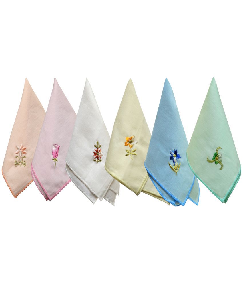     			williwr Women's Handkerchief Pack of 6 Embroidered Multi Color Pure Cotton, Color- Green/Orange/Blue/Pink/White/Yellow