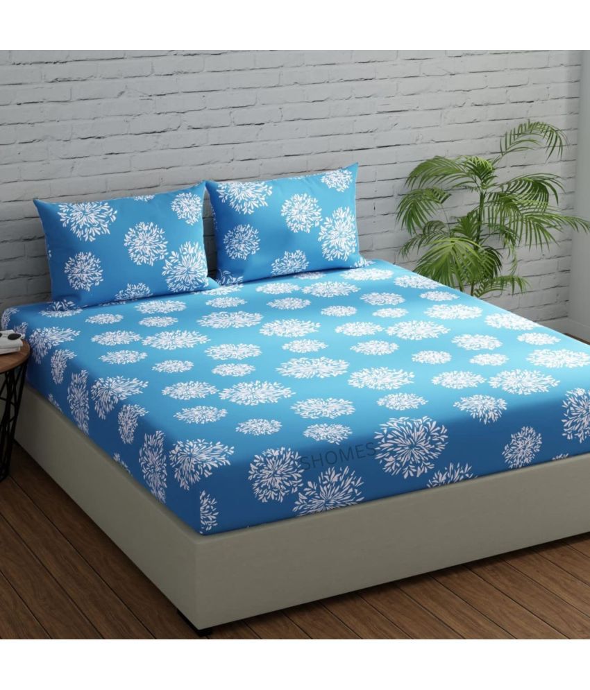     			SHOMES Cotton Floral Fitted 1 Bedsheet with 2 Pillow Covers ( Double Bed ) - Blue