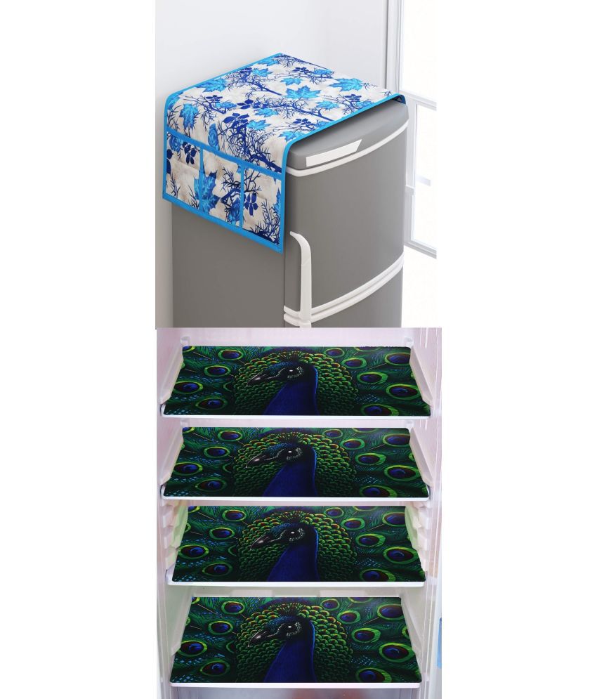     			Shaphio Polyester Floral Fridge Mat & Cover ( 99 58 ) Pack of 5 - Blue